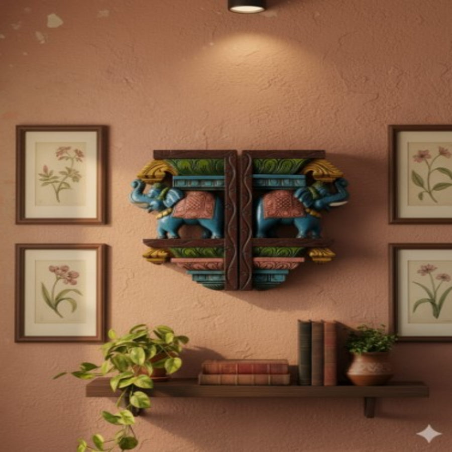 WOOD000002 - Symmetrical Elephants (Blue) - Hand Carved