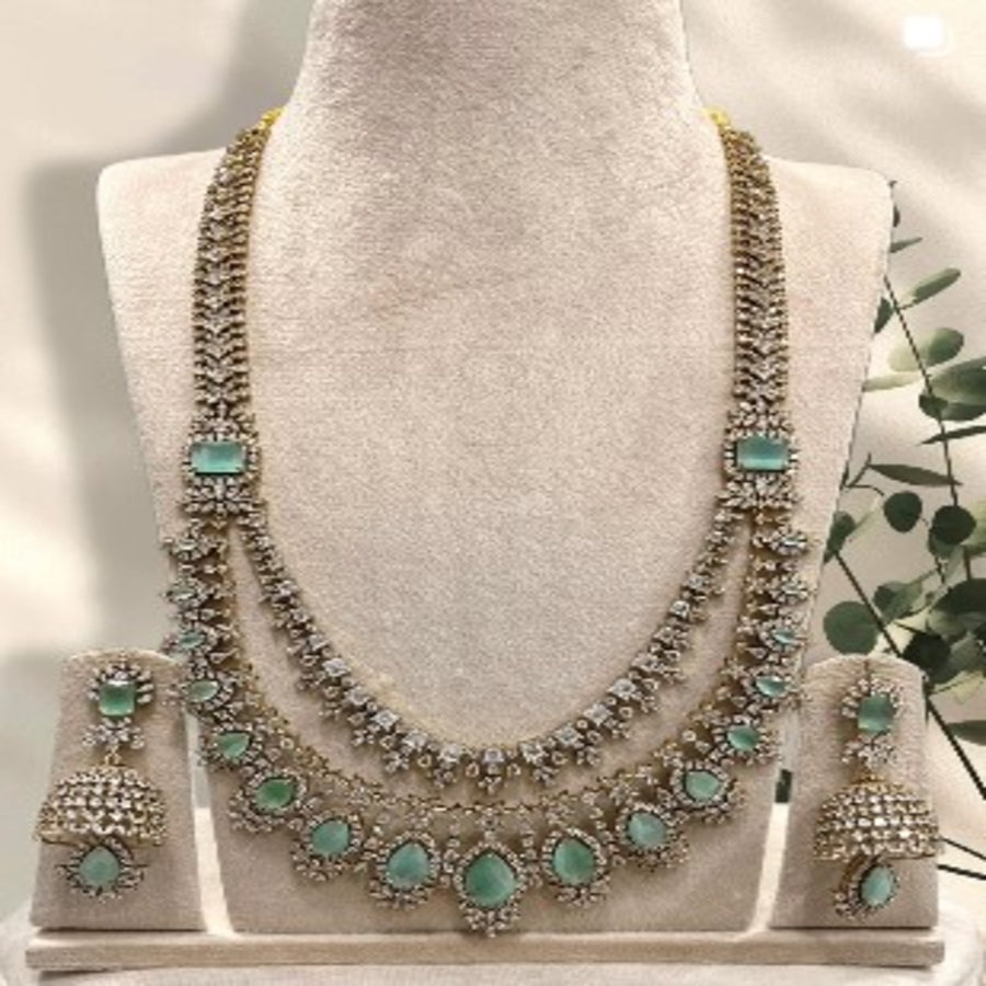 NL000009 - Premium American Diamond Tear Drop Necklace - Sea Blue