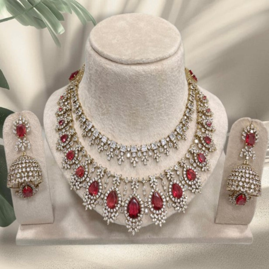 NL000010 - Premium American Diamond Tear Drop Necklace - RED