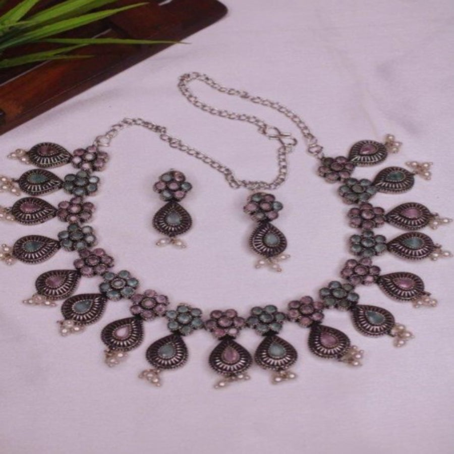 NL000020 - German Silver Necklace - Green, Sea Green-Baby Pink