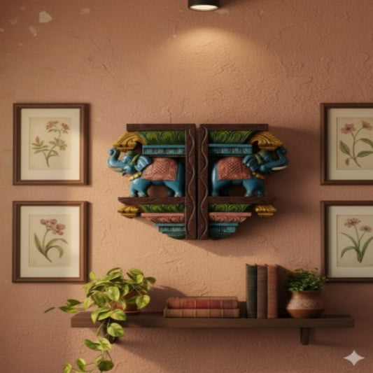 WOOD000002 - Symmetrical Elephants (Blue) - Hand Carved