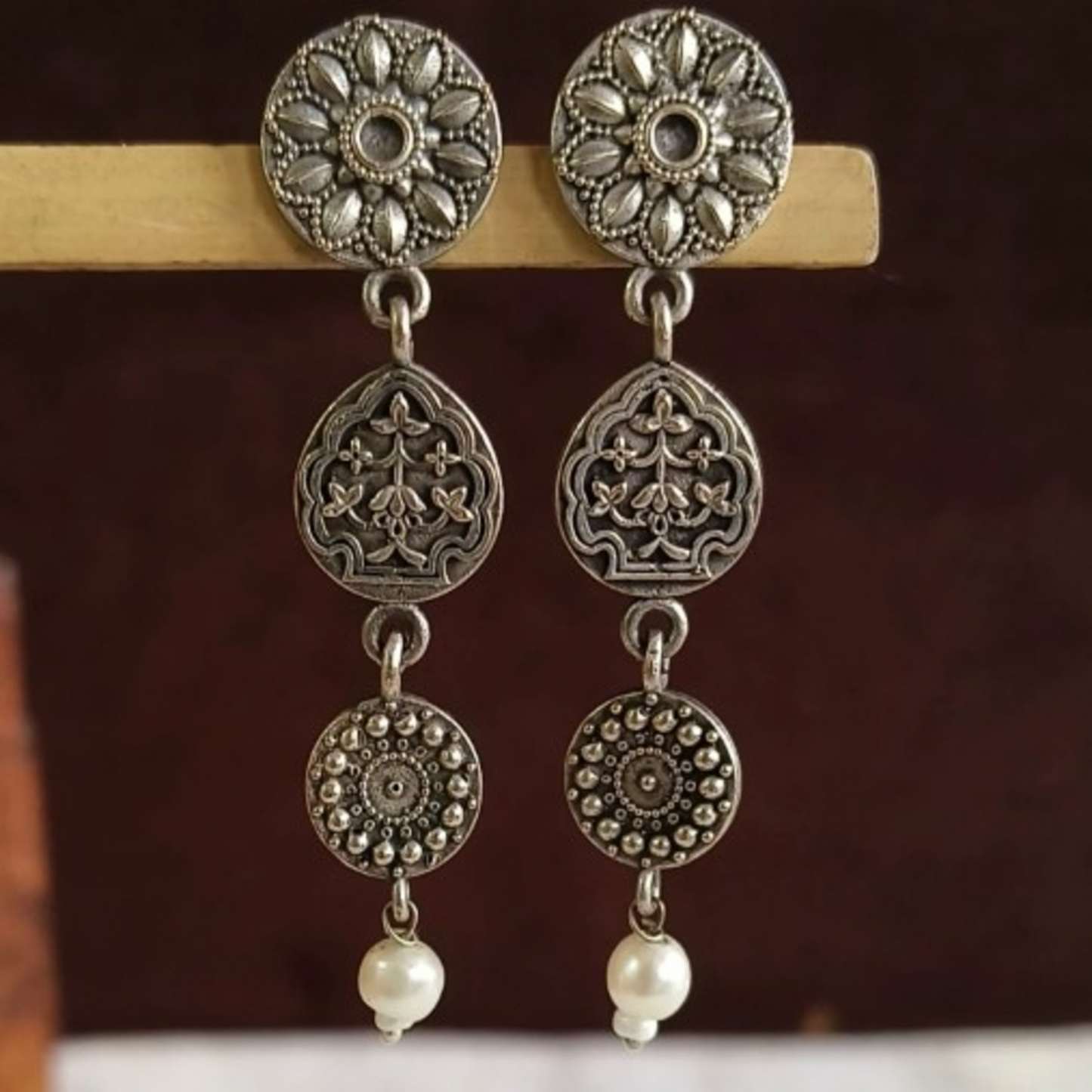 ER000037 - Oxidized Mandala Floral Droplet Dangler Earring