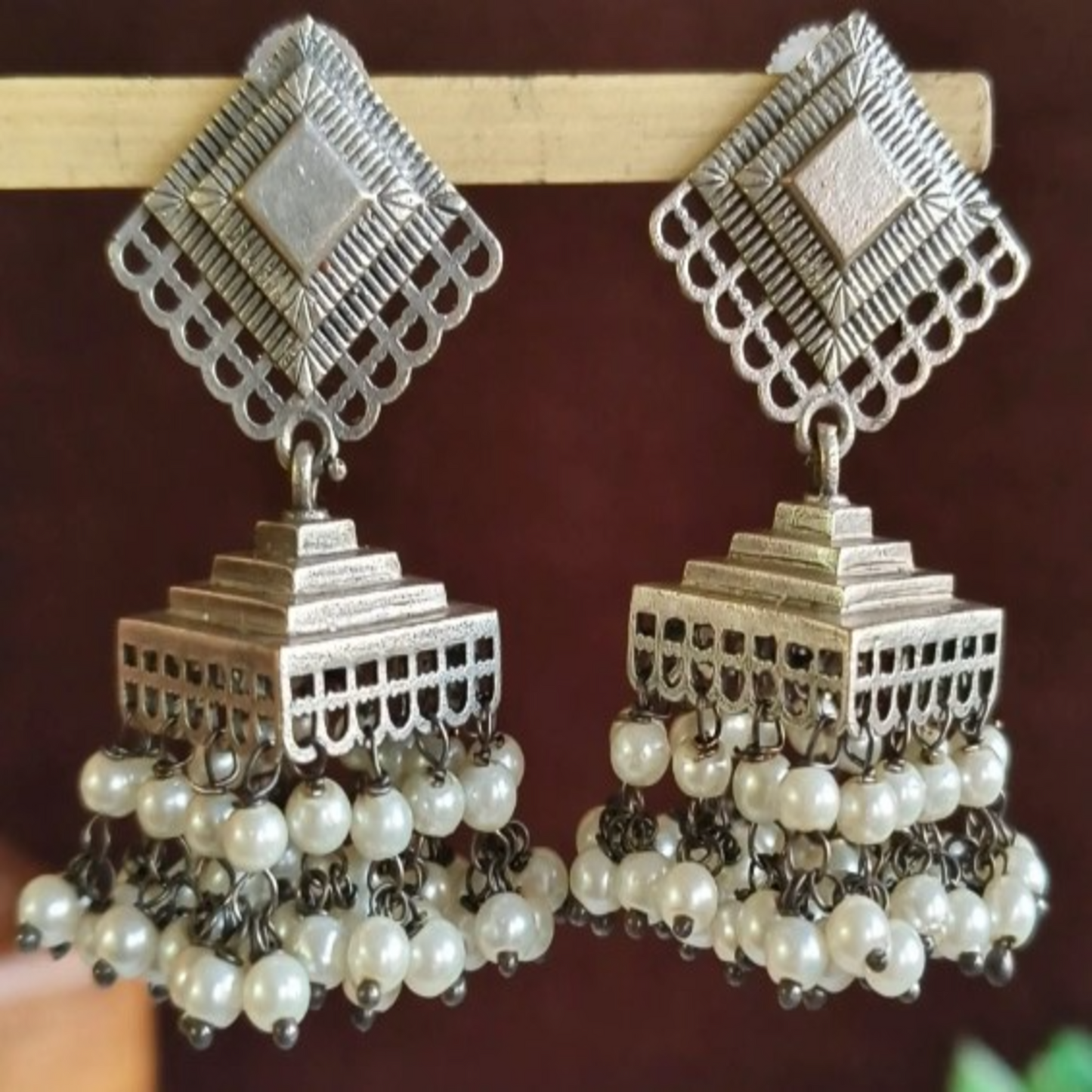 ER000038 - Silver Oxidized Pearl Drop Jhumka Earrings