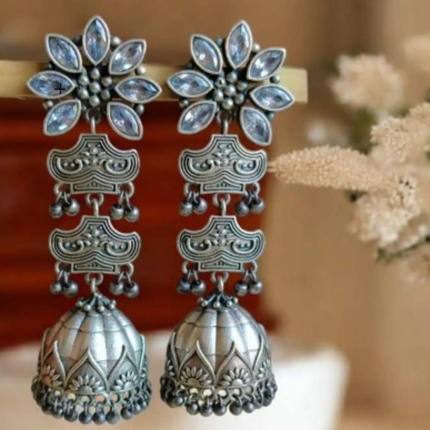 ER000051 - Elegant Silver Look-Alike Jhumka Earrings