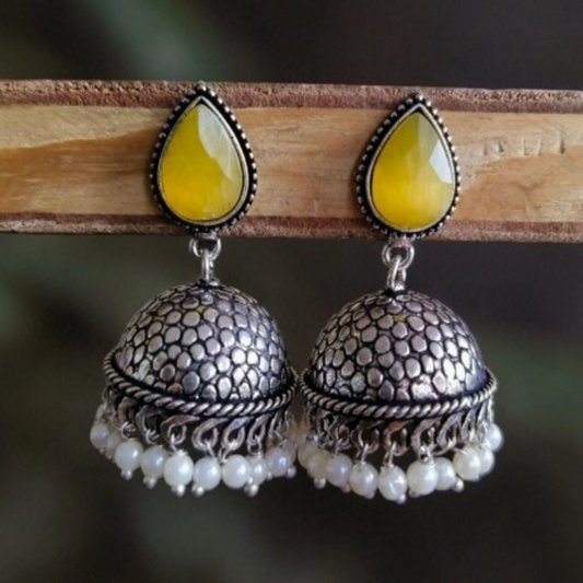 ER000055 -  German Silver Oxidized Pan Pearl Jhumka