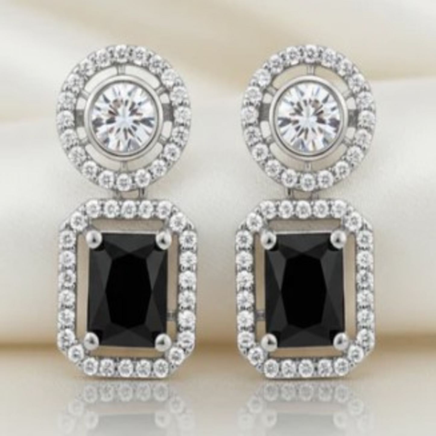 ER000056 - Black Emerald-Cut Halo AD Dangle Earrings