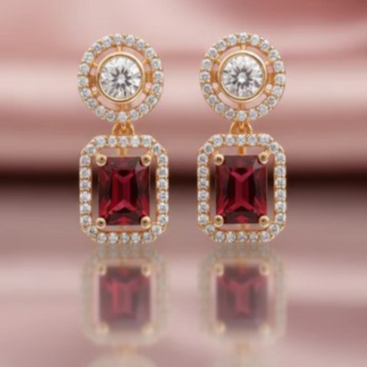 ER000057 - Gold Plated Red Emerald-Cut Halo Dangle Earrings