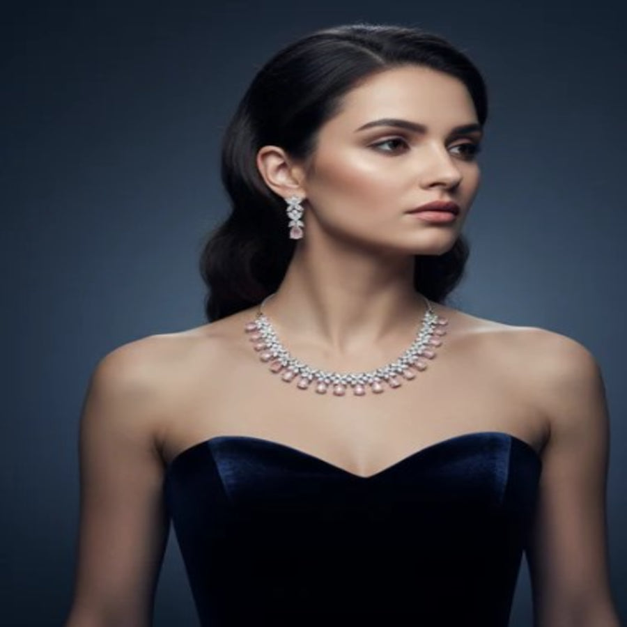 NL000002 - American Diamond Necklace Set - Pink Teardrop