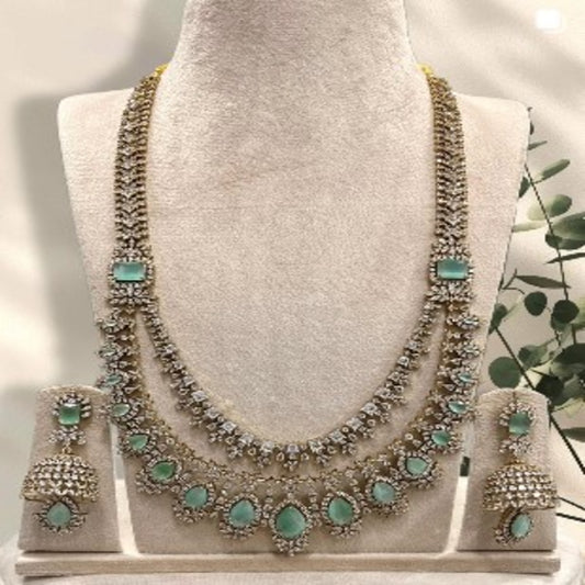 NL000009 - Premium American Diamond Tear Drop Necklace - Sea Blue