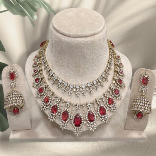 NL000010 - Premium American Diamond Tear Drop Necklace - RED