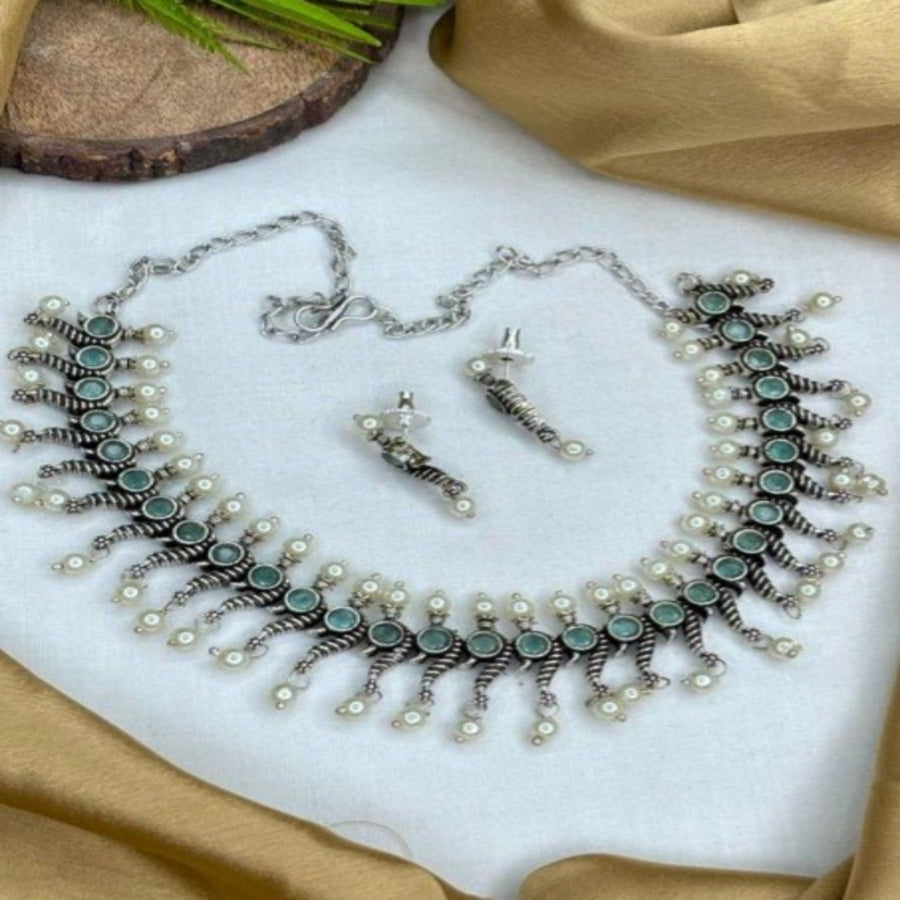 NL000017 - German Silver Necklace - Sea Green with Pearls