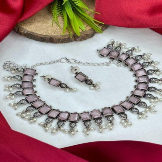 NL000019 - German Silver Necklace - Baby Pink with pearls