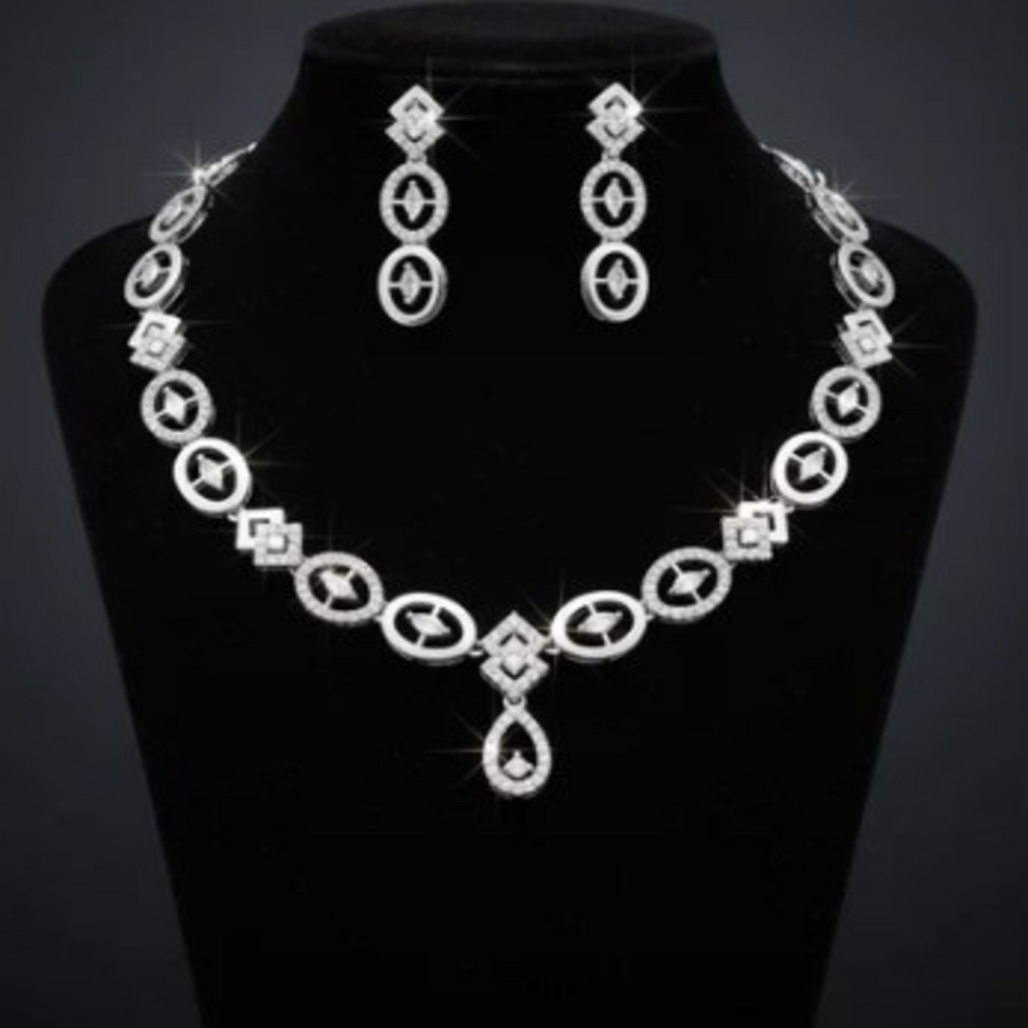 NL000028 - Rhodium Plated Geometric AD Necklace Set