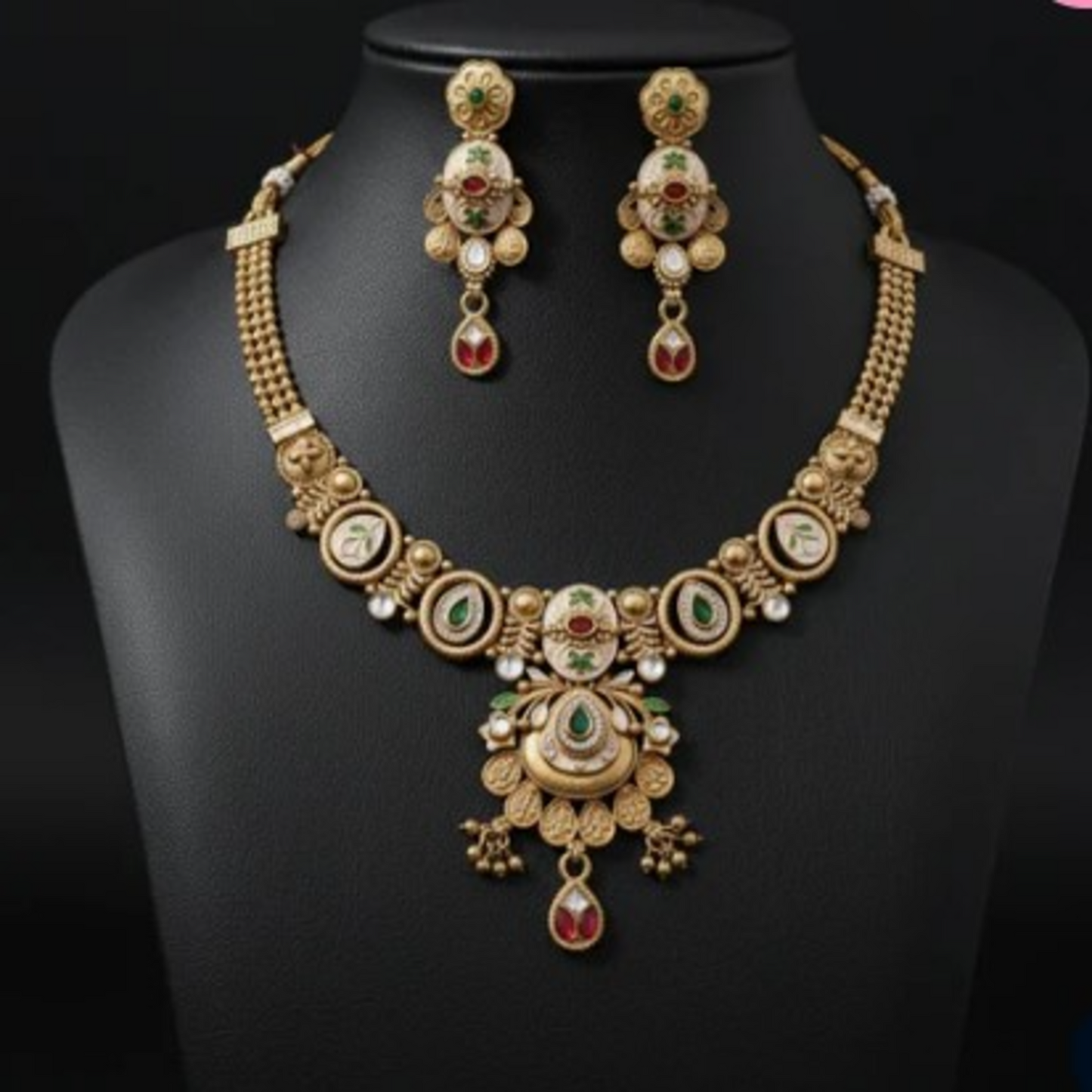 NL000031 - Meenakari Matte Gold Necklace Set